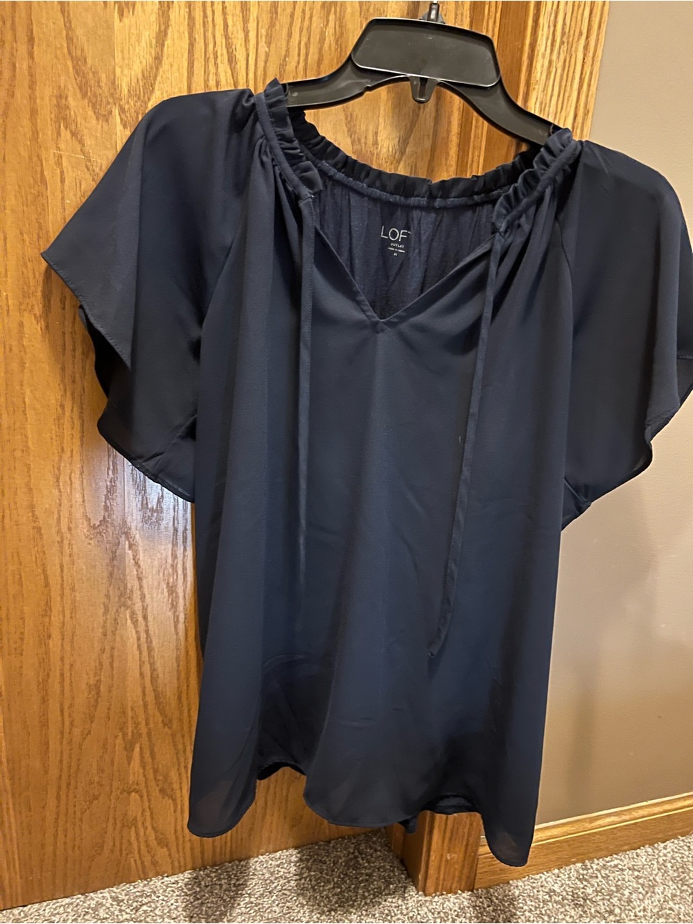 LOFT Navy Flutter Short-Sleeve Drawstring Blouse